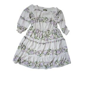 Melonie T Floral Tiered Midi Dress White Cottagecore Long Sleeve Smocked Cuffs